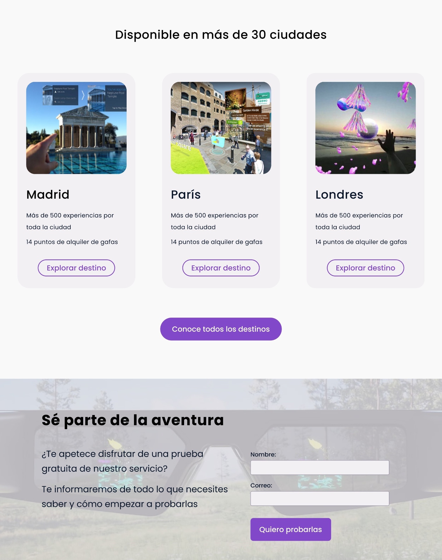 Exploración de destinos + CTA final